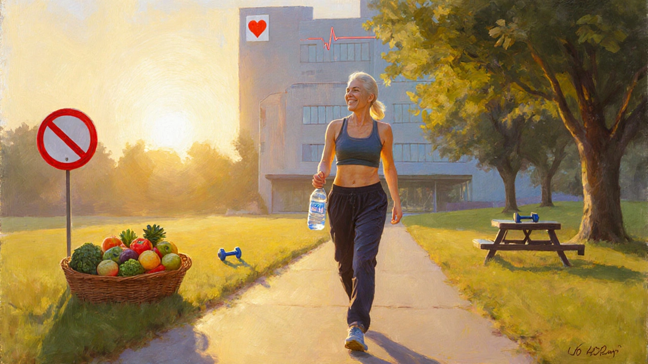 Cancer survivor strolling in a sunny park with symbols of exercise, healthy food, and medical care.
