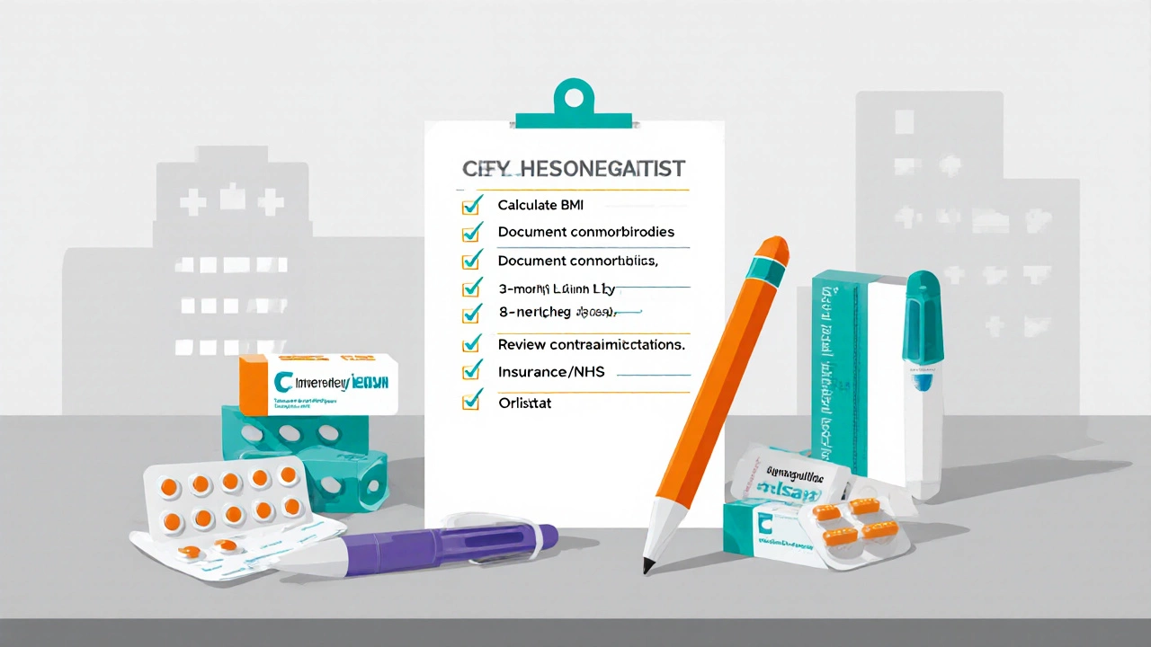 Checklist with ticked items beside medication bottles and pens on a clinic desk.