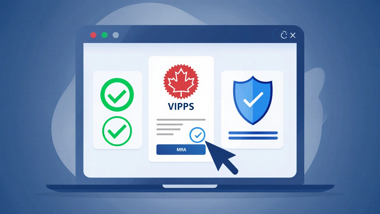 Computer screen displaying verification badges for online pharmacies.