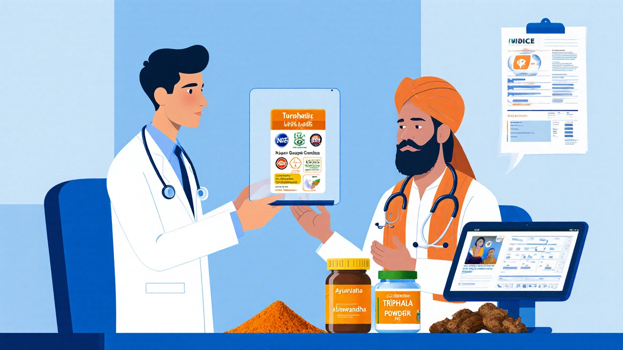 Doctor and Ayurvedic healer reviewing certified supplement in a clinic.