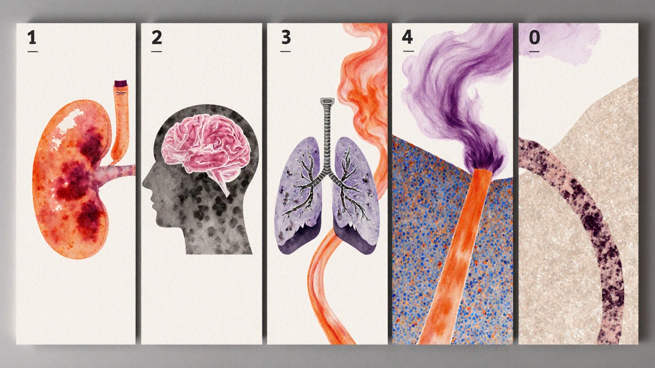 Five-panel watercolor showing pancreas, brain, lung, bone marrow, and pleura tumors.