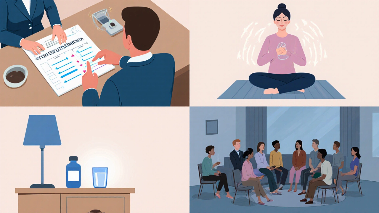 Four-panel illustration showing CBT session, meditation, medication bottle, and a support group circle.