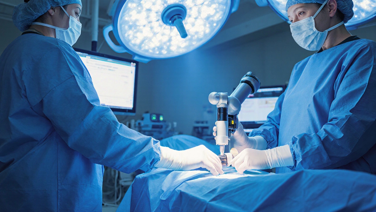 German surgeon performing precision joint surgery using robotic tools in a sterile operating room.