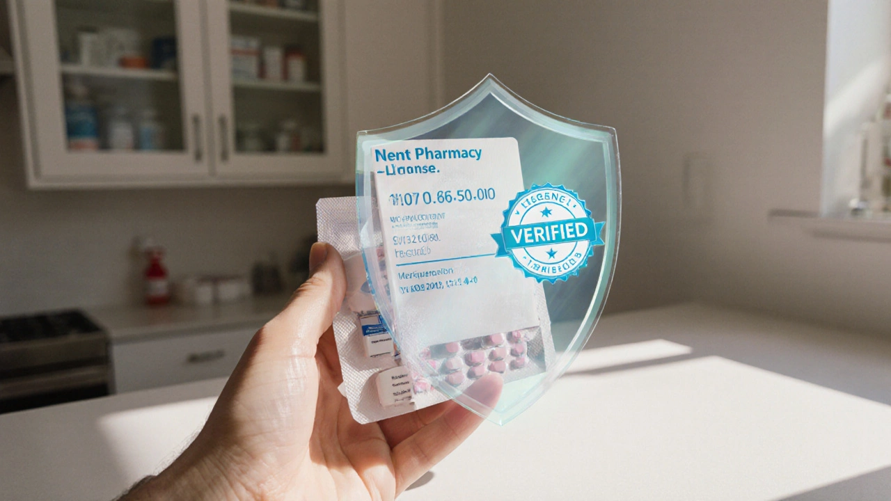 Hand inspecting a delivered medication box with batch number and safety shield.