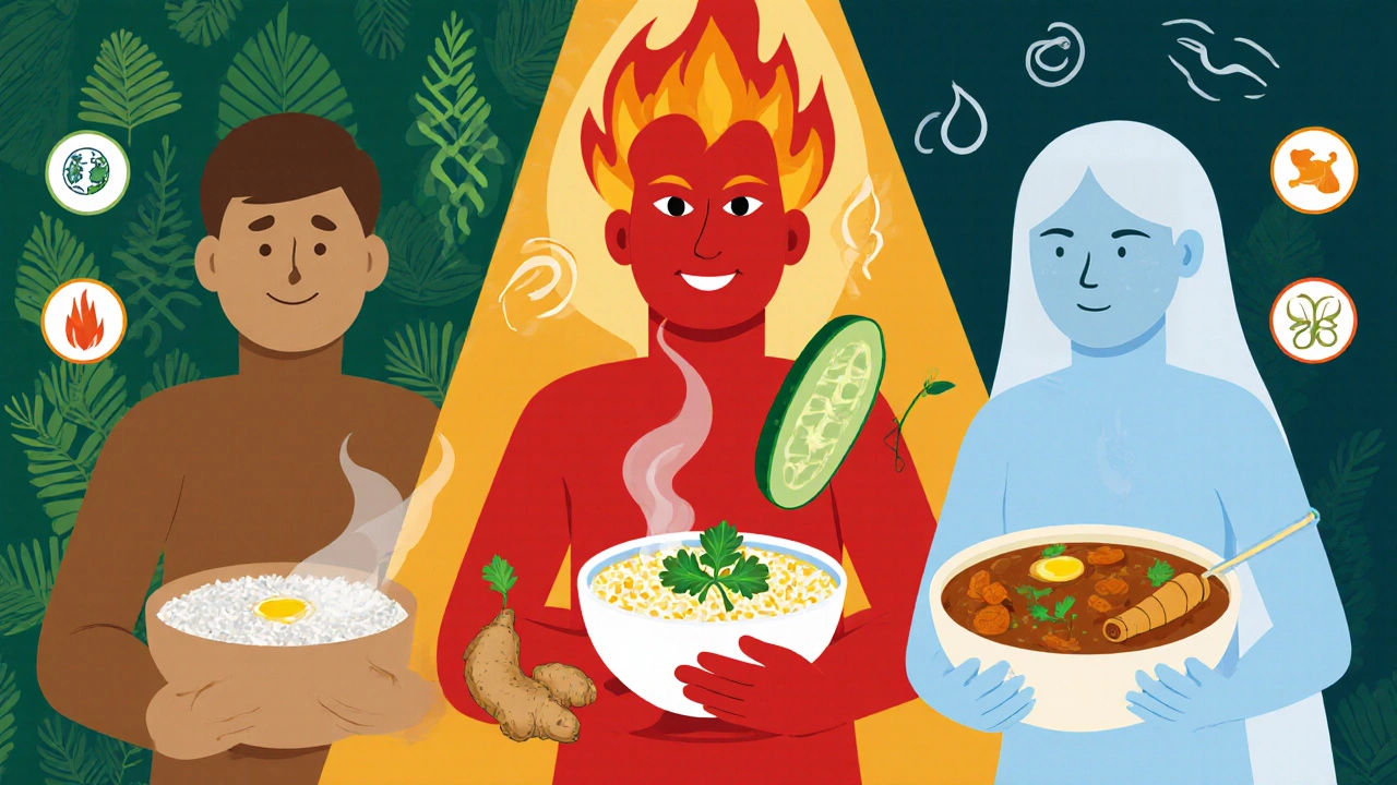Illustration of Kapha, Pitta, and Vata characters with their signature foods and herbs.