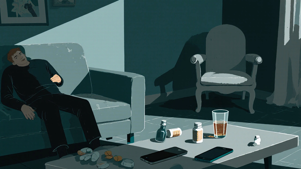 Isolated figure on couch surrounded by empty pill bottles and a phone.