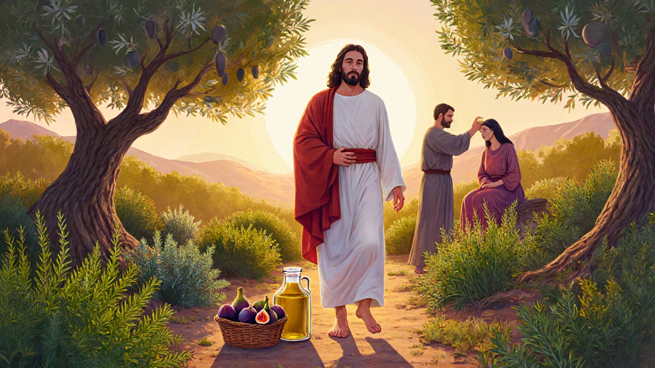 Jesus walking through a garden with herbs like mint and thyme, olive trees, and a basket of figs nearby.