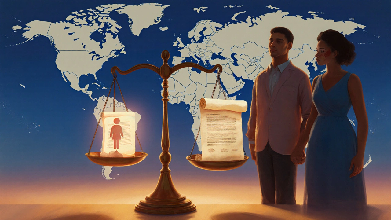 Justice scale balancing a glowing embryo against legal symbols with a couple nearby.