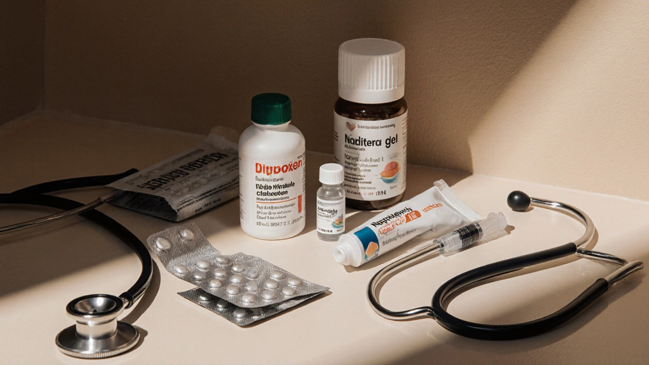 Medical countertop displaying various oral and injectable medications for swelling.