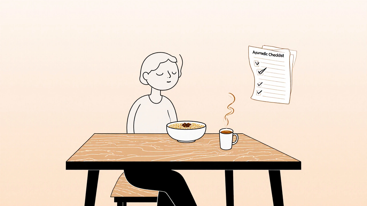 Minimalist line art of a person mindfully eating porridge and tea with a checklist.