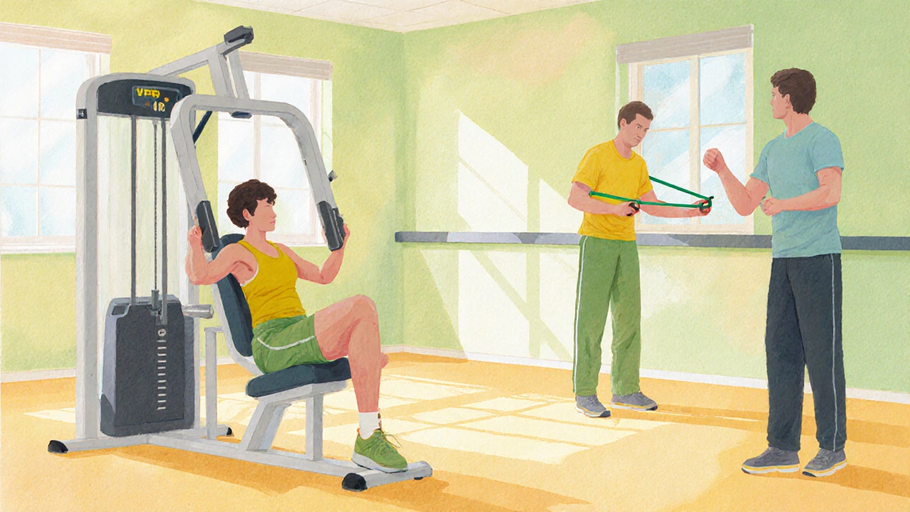 Patient doing leg‑press and shoulder band exercises in a bright rehab gym.