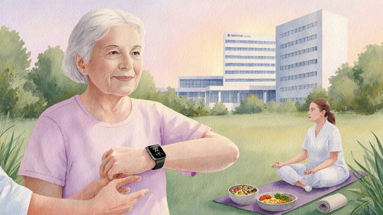 Patient in a garden wearing a health monitor, surrounded by supportive caregivers and wellness symbols.