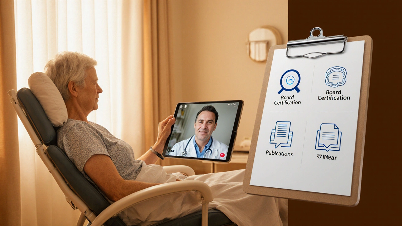 Patient using telehealth tablet with icons showing doctor verification steps.