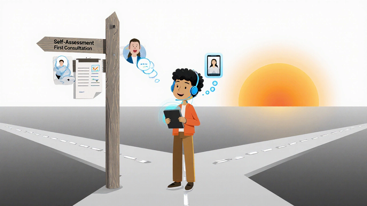 Person at a crossroads with signs for self‑assessment and first consultation, holding a checklist.