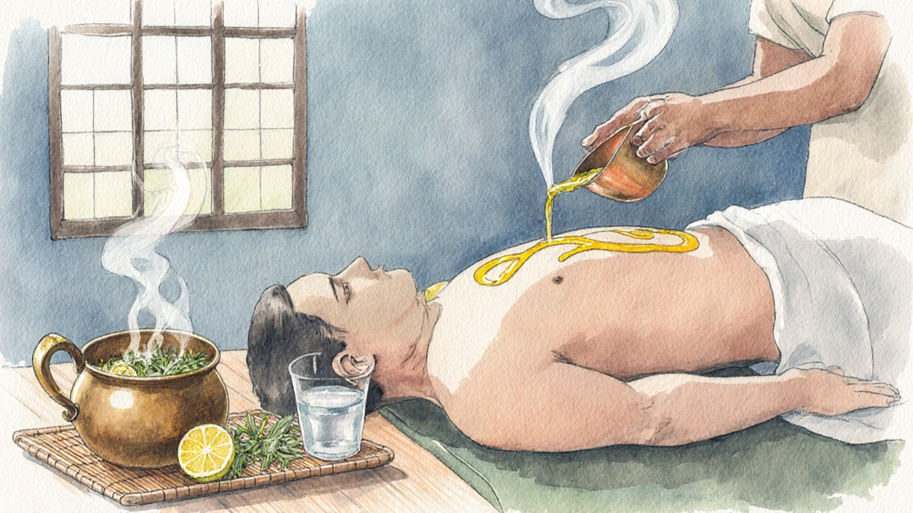 Person receiving oil massage and herbal steam during Panchakarma.