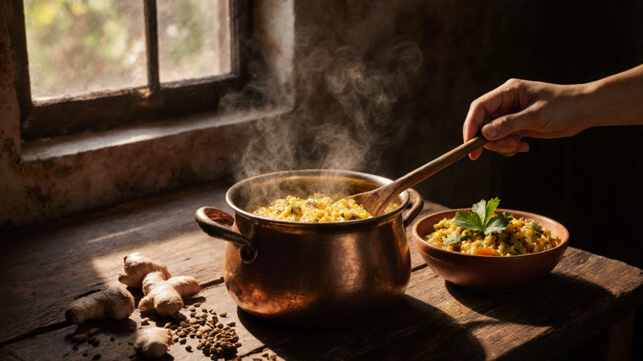 Photorealistic kitchen with steaming kitchari, fresh spices, and warm morning light.