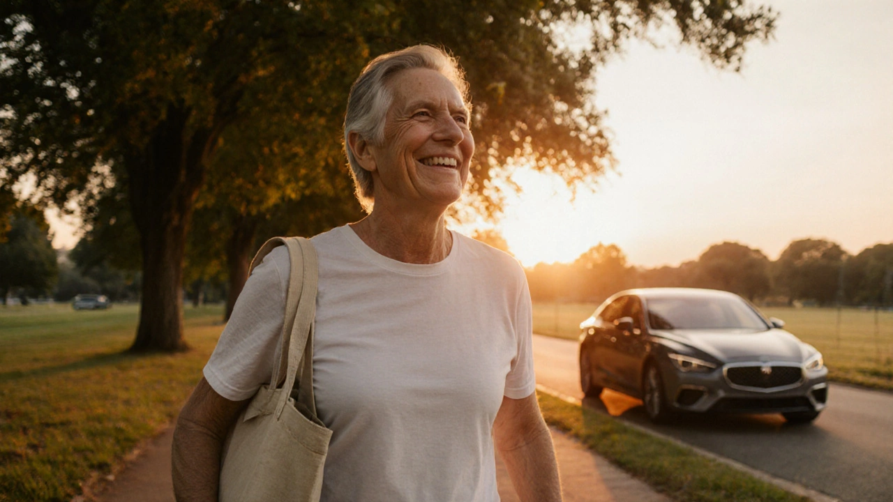 Recovered patient walking in a park with a car nearby at sunset.