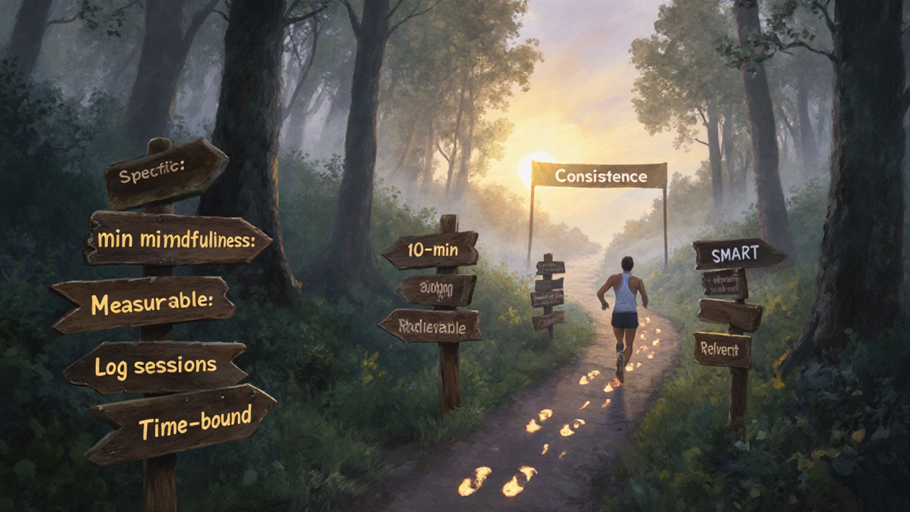 Runner on a forest trail passing SMART signposts toward a sunrise finish line.