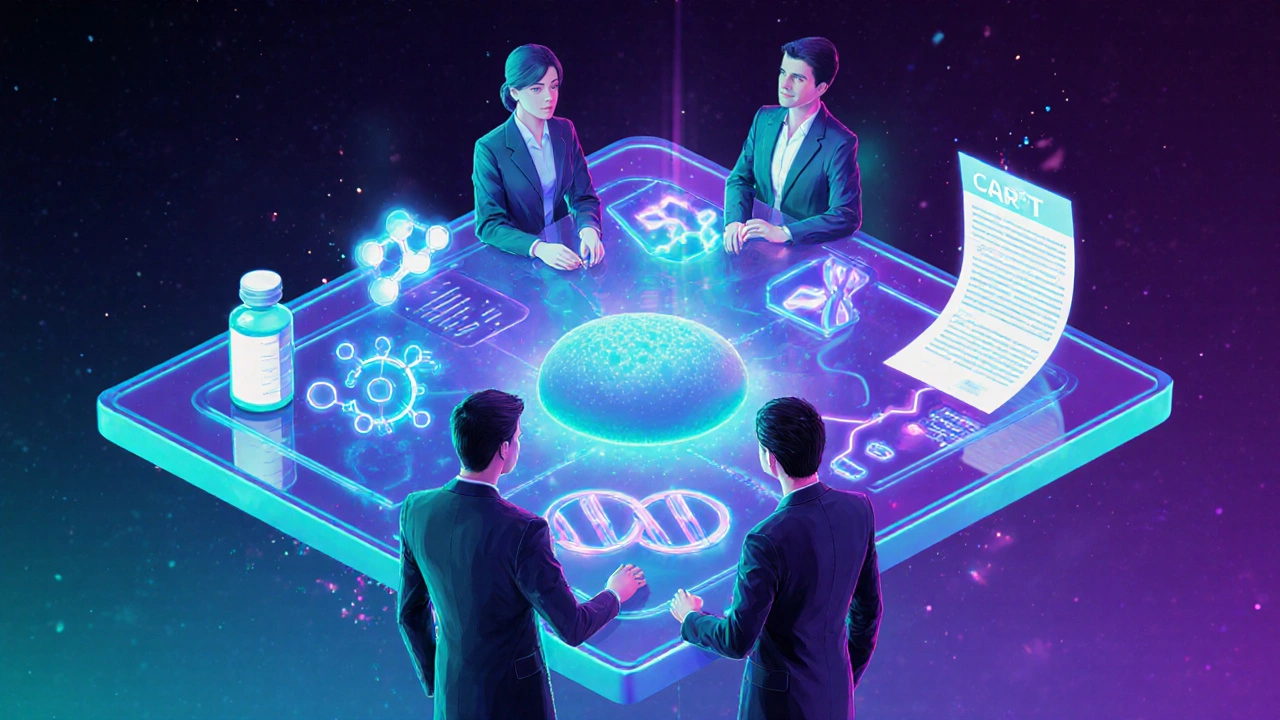Scene of doctors reviewing holographic icons of chemotherapy, immunotherapy, targeted therapy, CAR‑T and clinical trial.