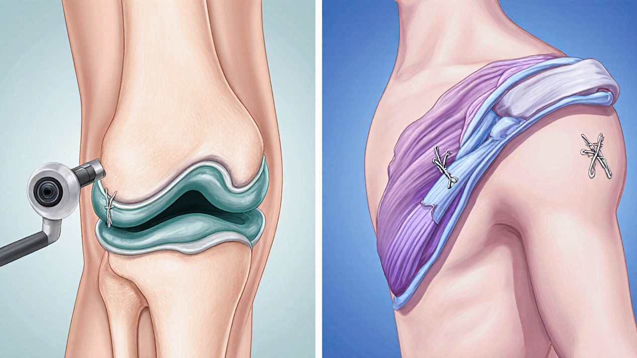 Side‑by‑side illustration of arthroscopic knee meniscus repair and rotator cuff repair.