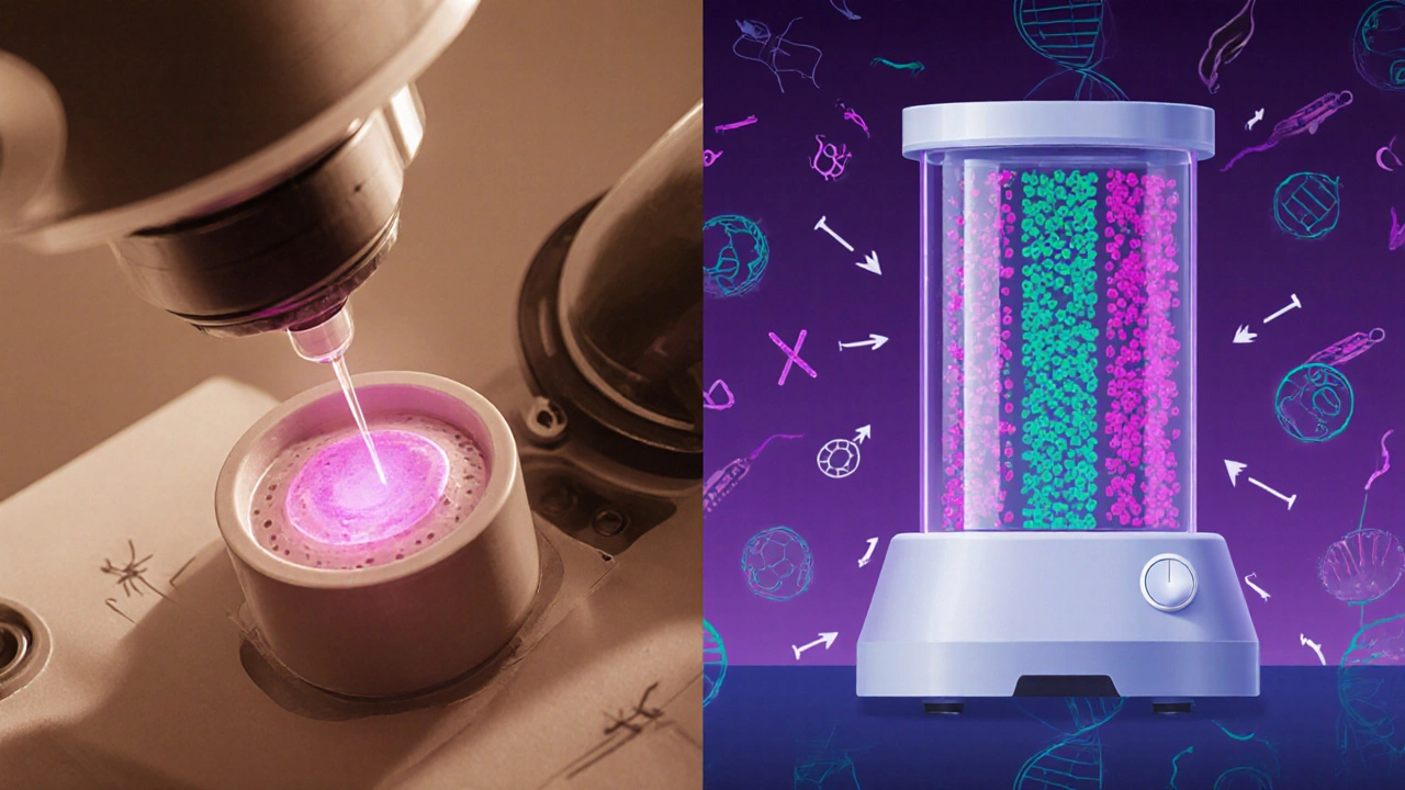 Side‑by‑side illustration of embryo biopsy and sperm‑sorting flow cytometer.