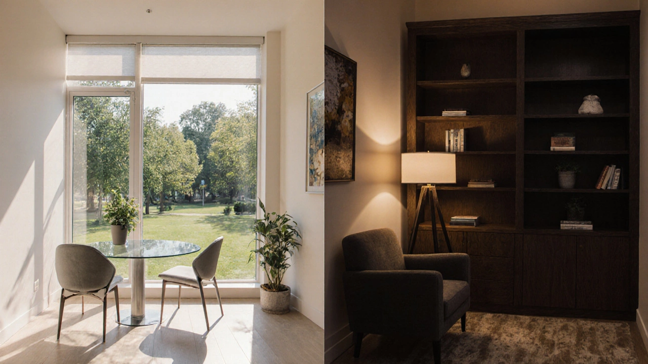Side‑by‑side view of a bright counseling office and a dimmer therapist's room.