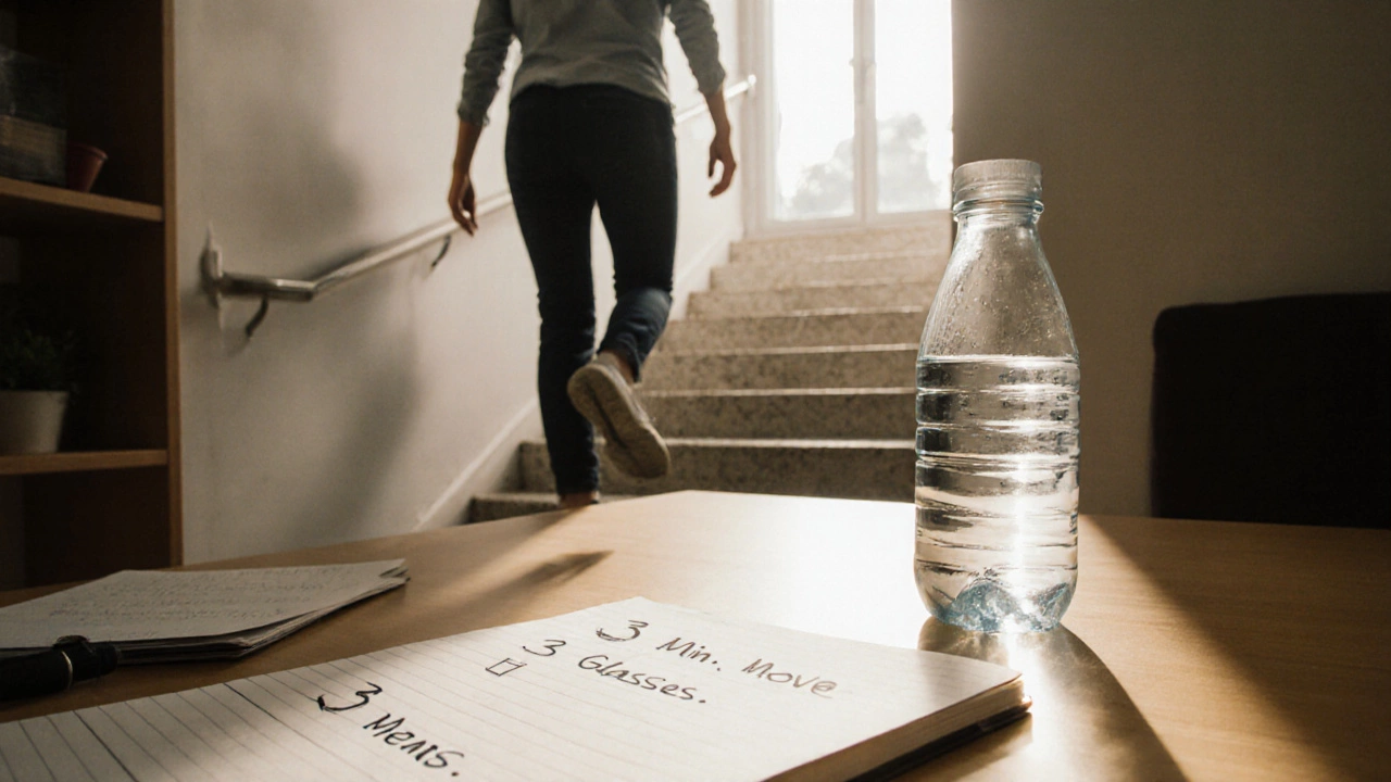 Someone walking up and down stairs during a midday break in an office setting.