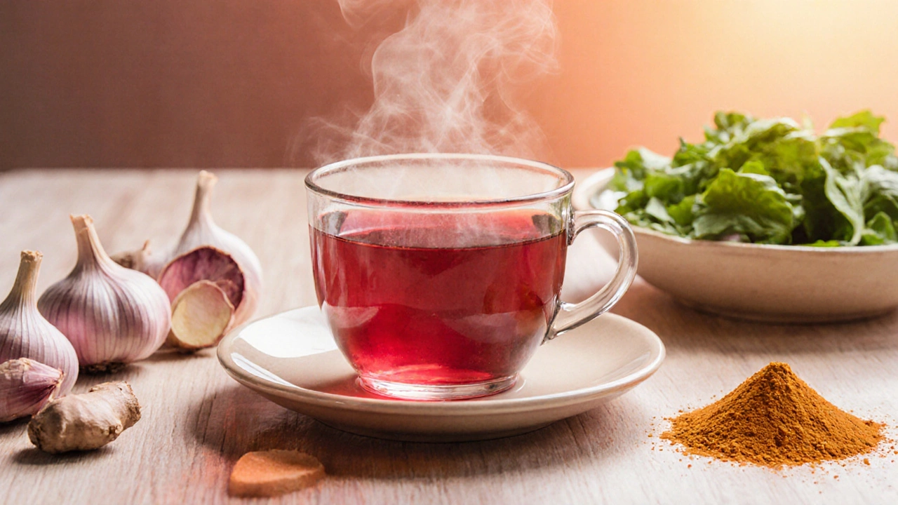 Soothing scene of hibiscus tea, garlic, ginger, and turmeric as safe alternatives.