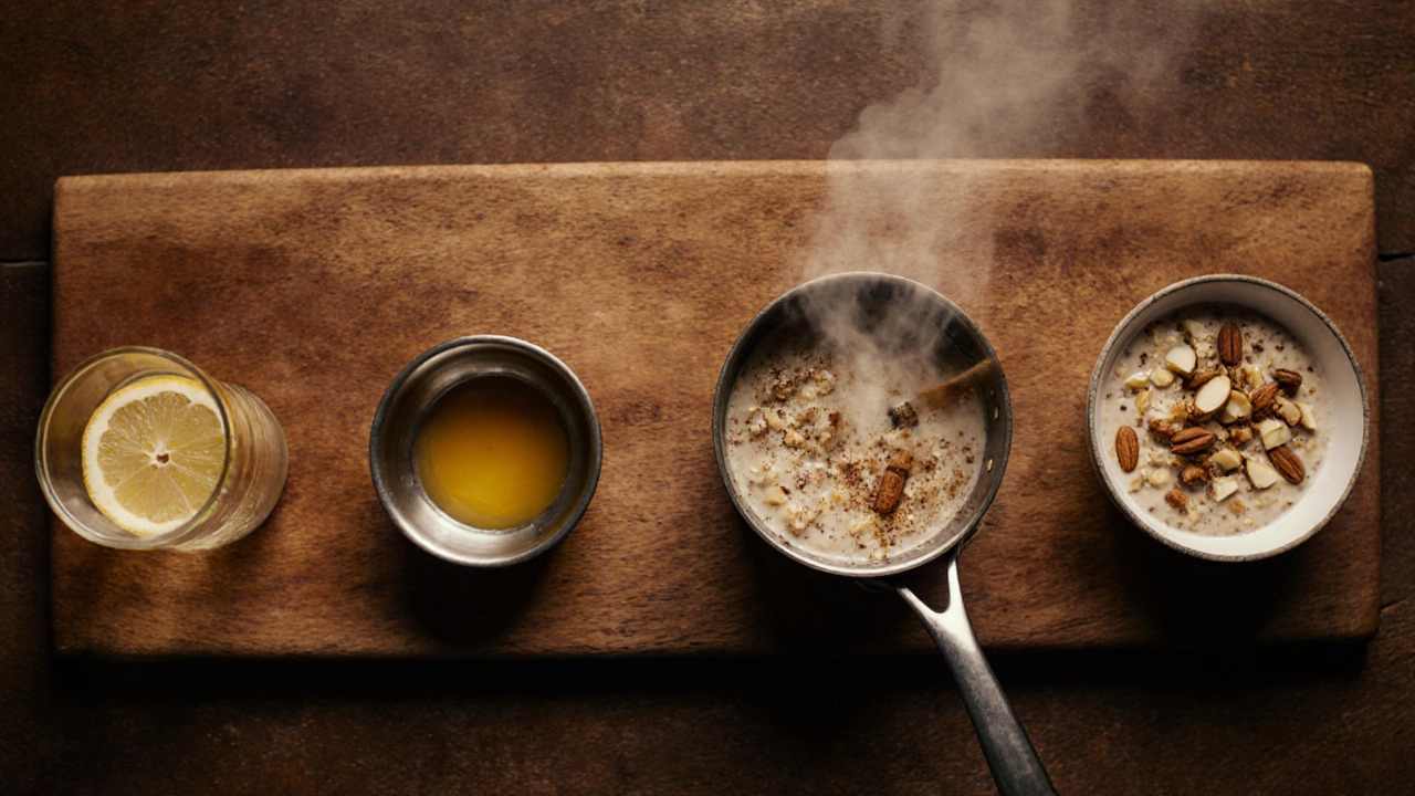 Step-by-step Vata breakfast preparation on a wooden counter.