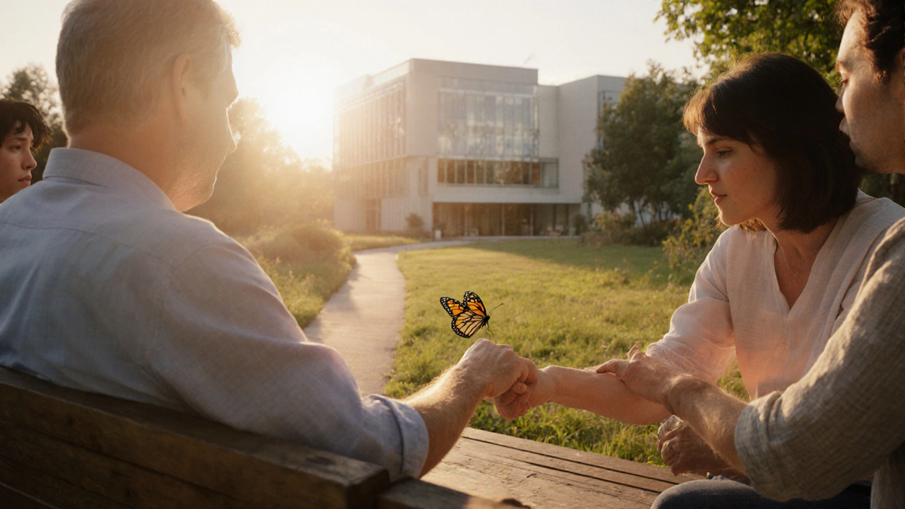 Sunrise garden scene with a patient on a bench, family support, and a butterfly.