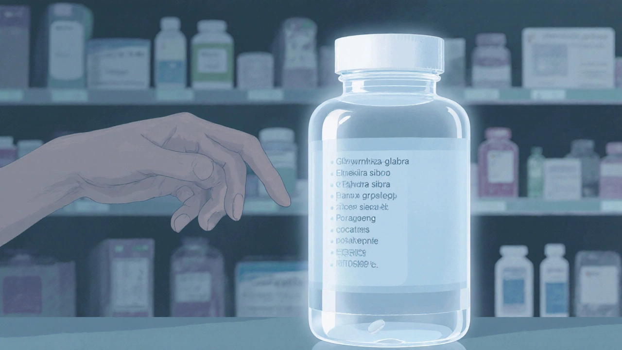 Supplement bottle with faint scientific names and a cautious hand nearby.