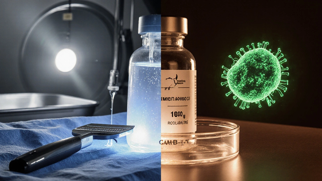 Surgical tools, chemo drip, radiation beam beside immunotherapy vial, targeted pill, and CAR‑T cells.