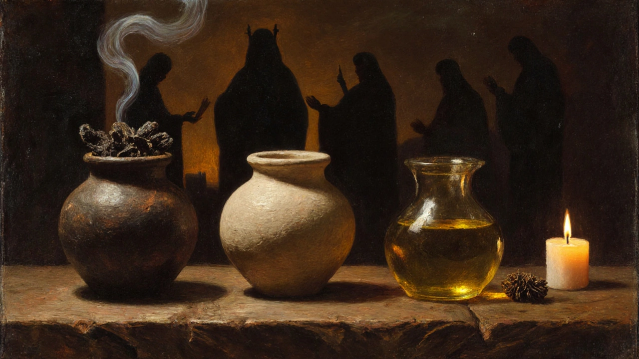 Three ancient clay vessels holding myrrh, frankincense, and olive oil with faint smoke rising from a censer.
