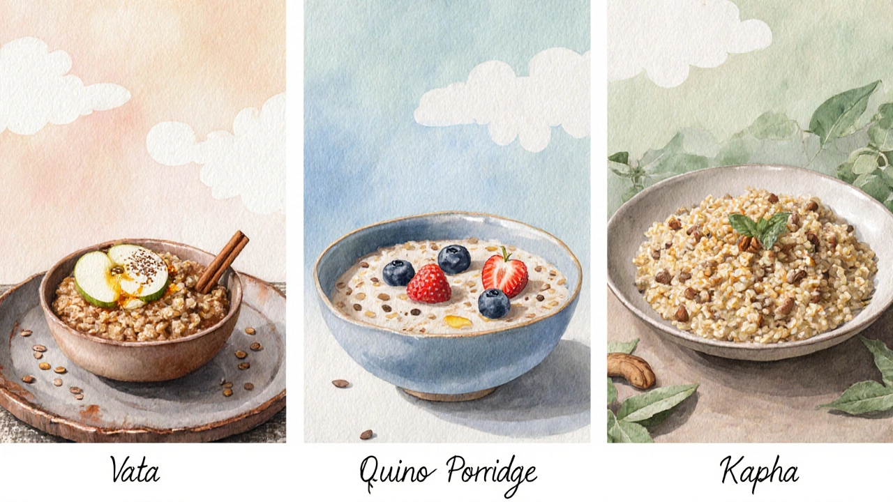 Three Ayurvedic breakfast bowls: oatmeal with ghee, quinoa with berries, millet upma with ginger.