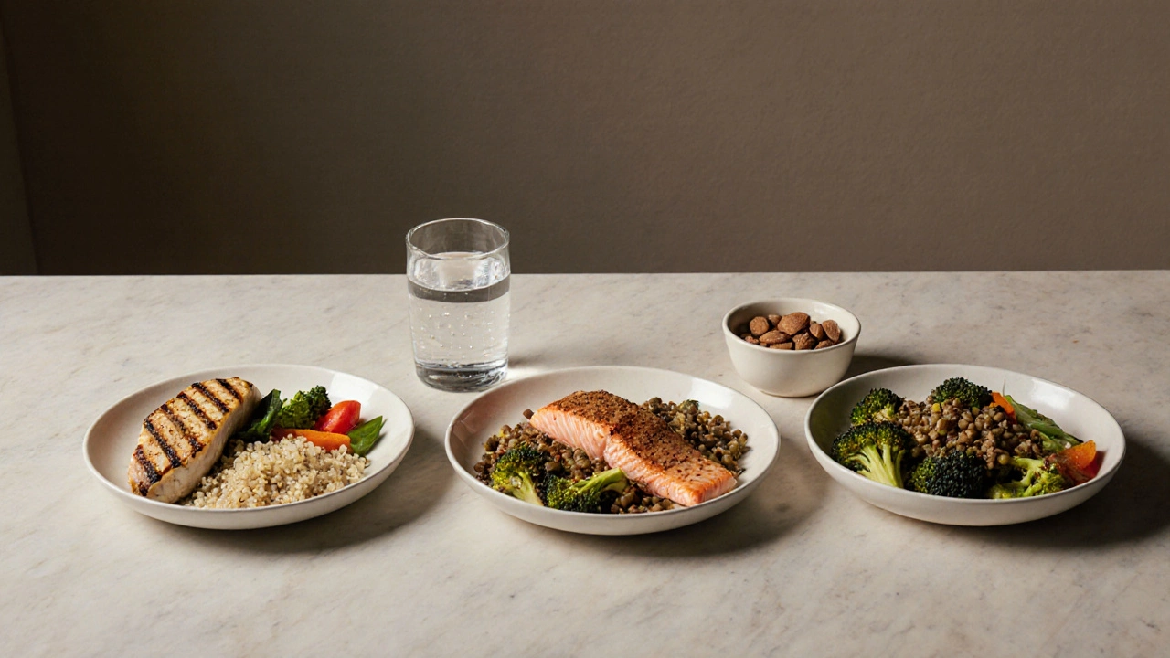 Three balanced evening meals portioned by hand, with water glasses beside each.