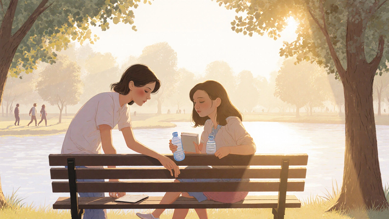 Two friends on a park bench sharing support, sunlight creating hopeful mood.