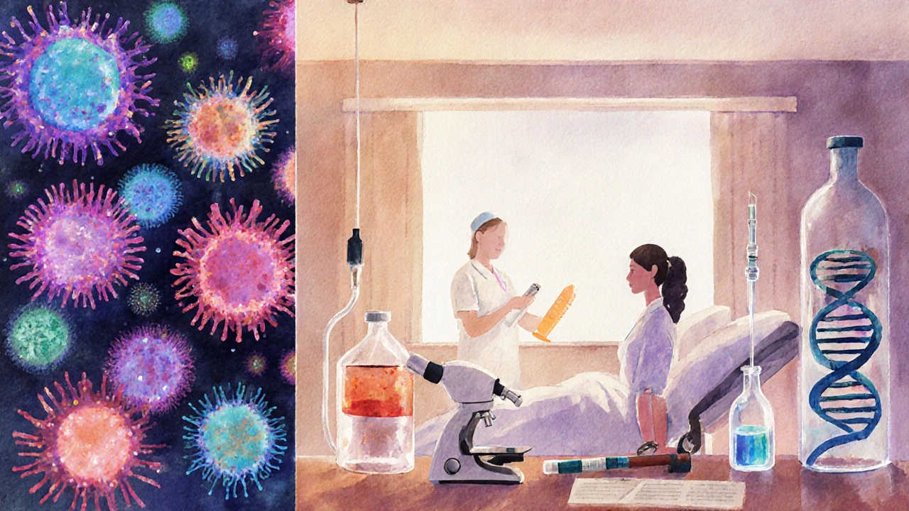 Watercolor collage showing various cancers, treatments, and lab research elements.