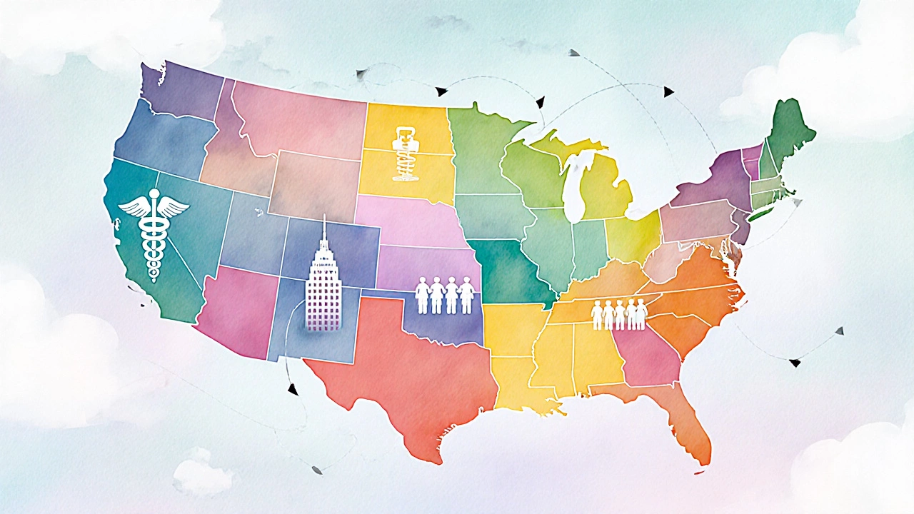 Watercolor map highlighting five US states with medical symbols.