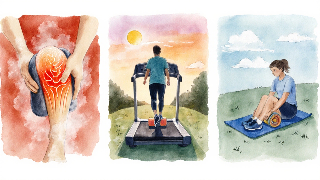 Watercolor sequence of a day’s knee‑care routine: heat, walking, foam rolling.