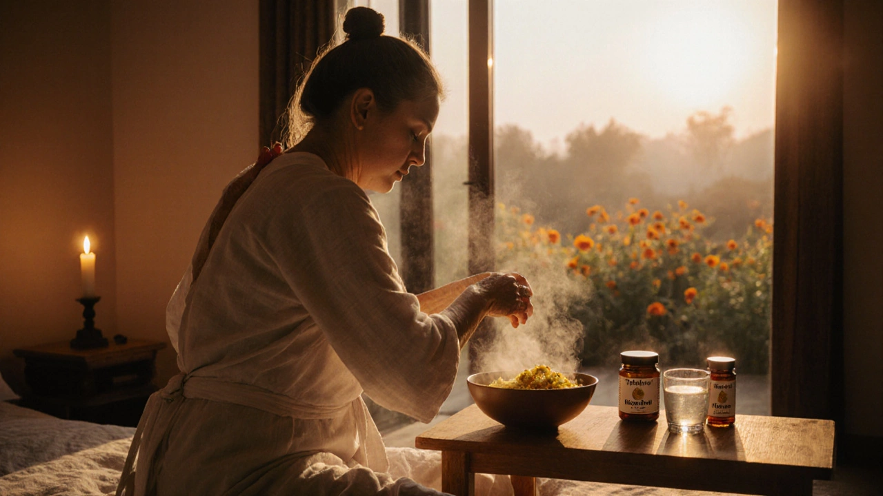 Woman performing Abhyanga massage beside a bowl of Kitchari and herbal jars in warm lighting.
