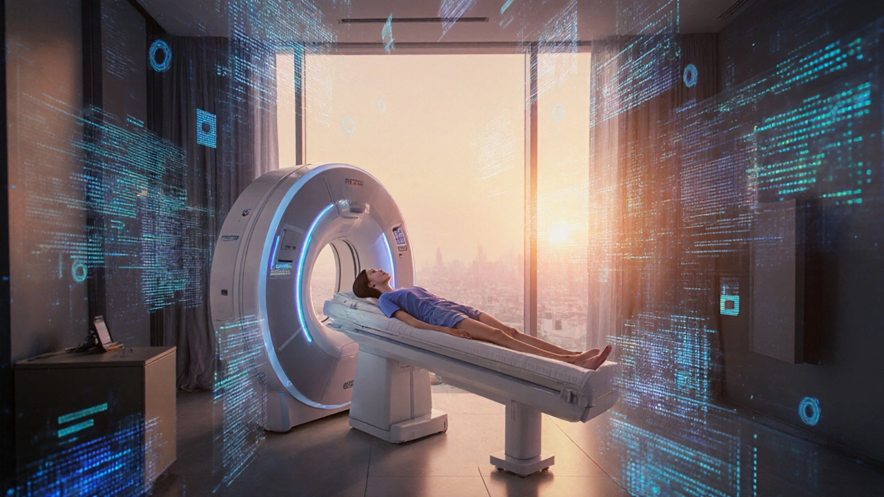 Woman receiving an MRI in a modern South Korean clinic with holographic cancer detection data.