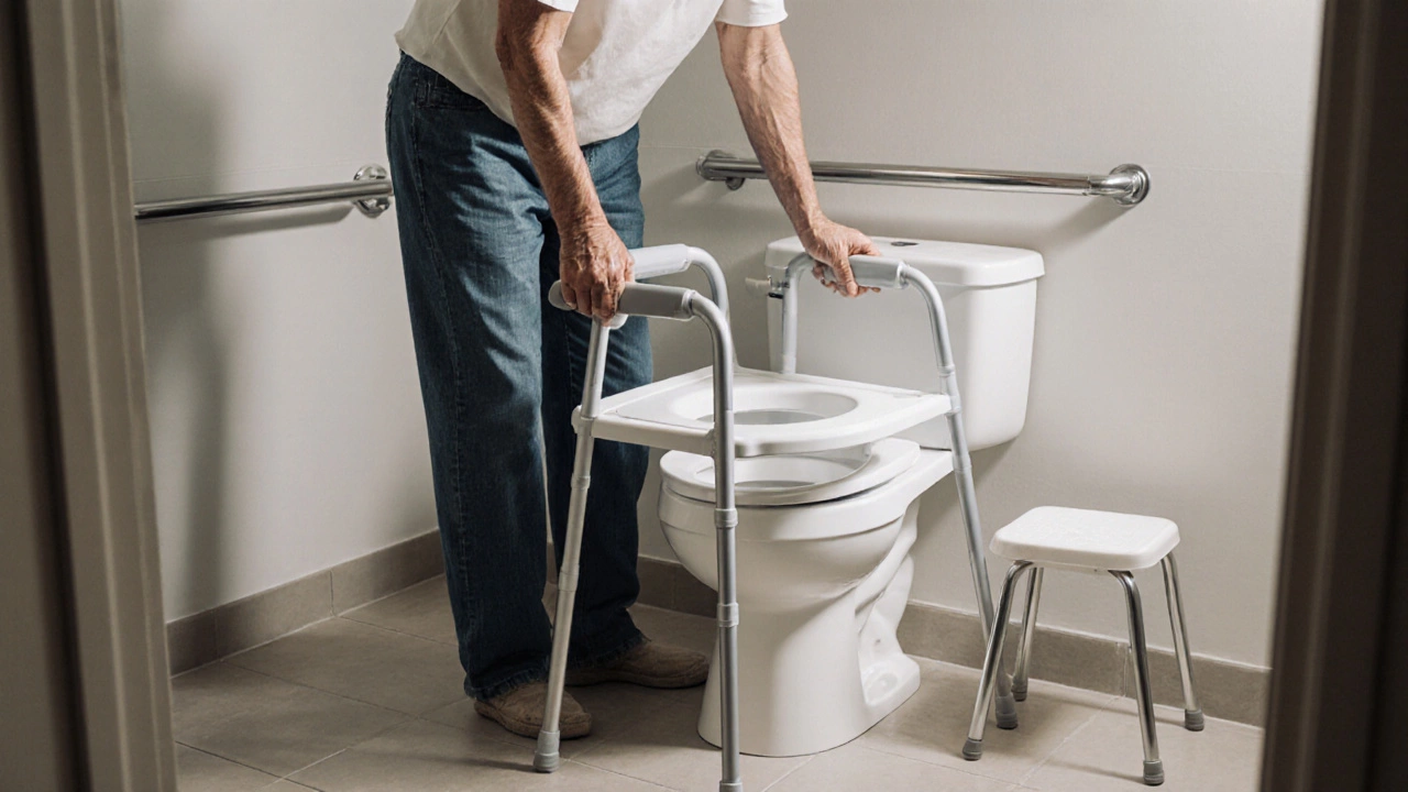 Bathroom setup with raised toilet seat, grab bar, step stool, and walker for post-knee surgery safety.