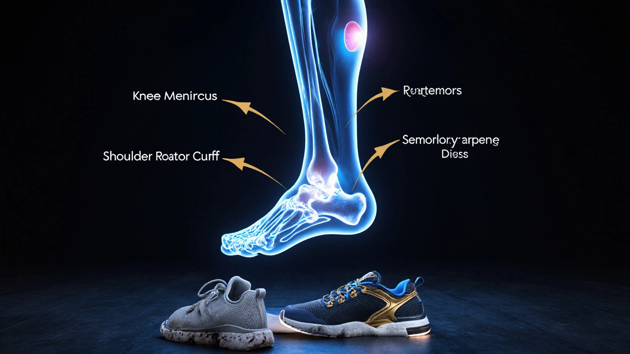 Cross-sectional illustration of human musculoskeletal system with highlighted injury sites.