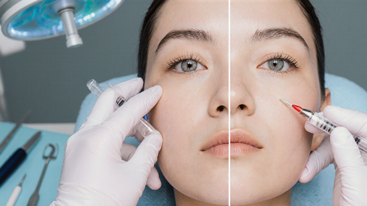Dermatologist performing a facial filler injection with before-and-after skin contours visible.