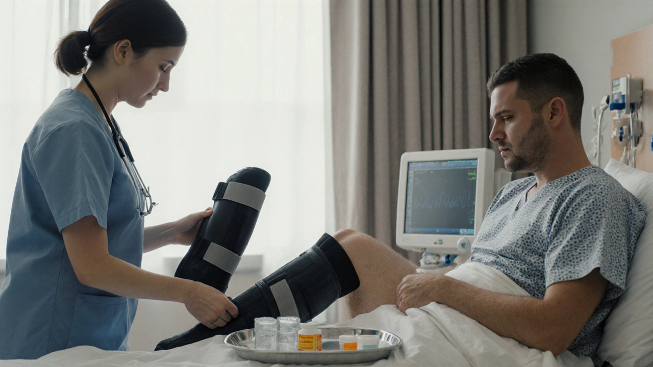Nurse adjusting compression boots on patient&#039;s leg in hospital bed