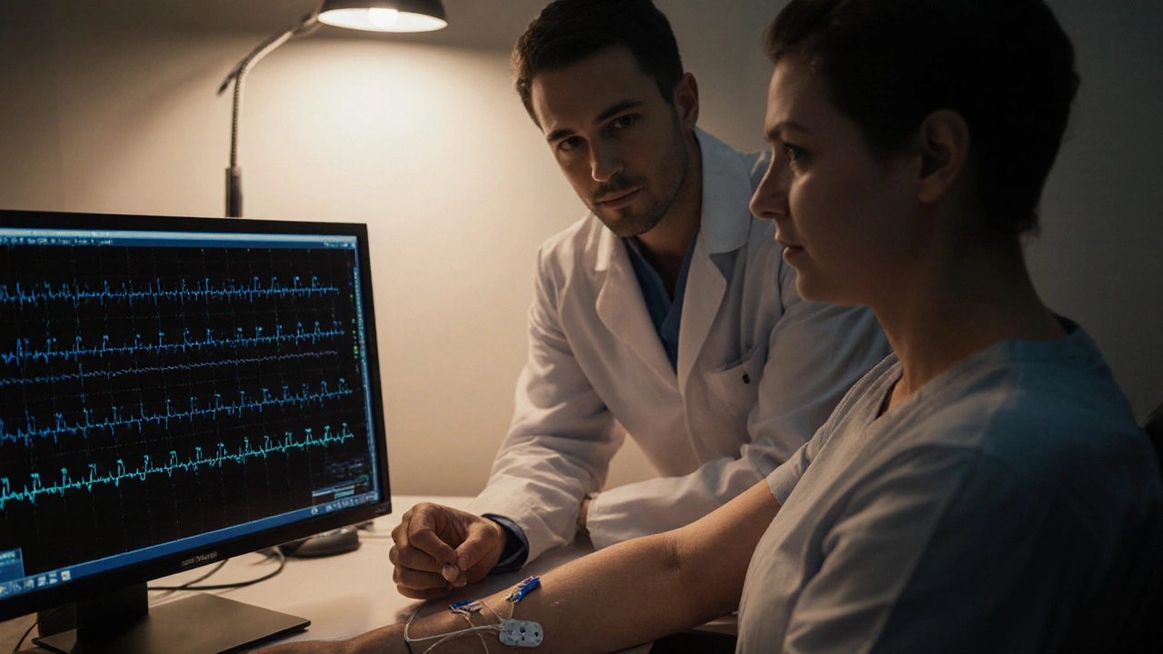Patient undergoing nerve conduction testing in a clinical setting with monitor displaying waveforms.