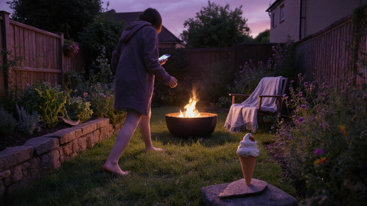 Person walking barefoot in a garden at dusk, with tended herbs and a half-eaten ice cream nearby.