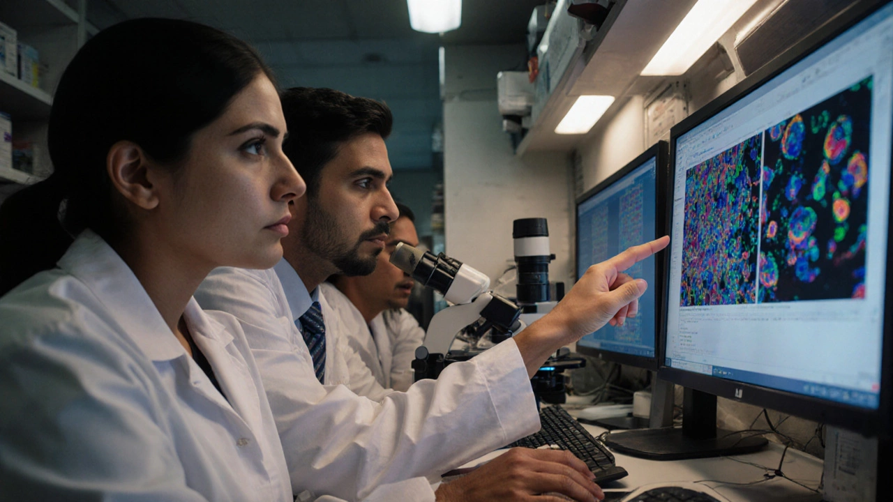 Researchers in a Mumbai lab analyzing tumor data on screens, focused on genetic sequences and medical models.