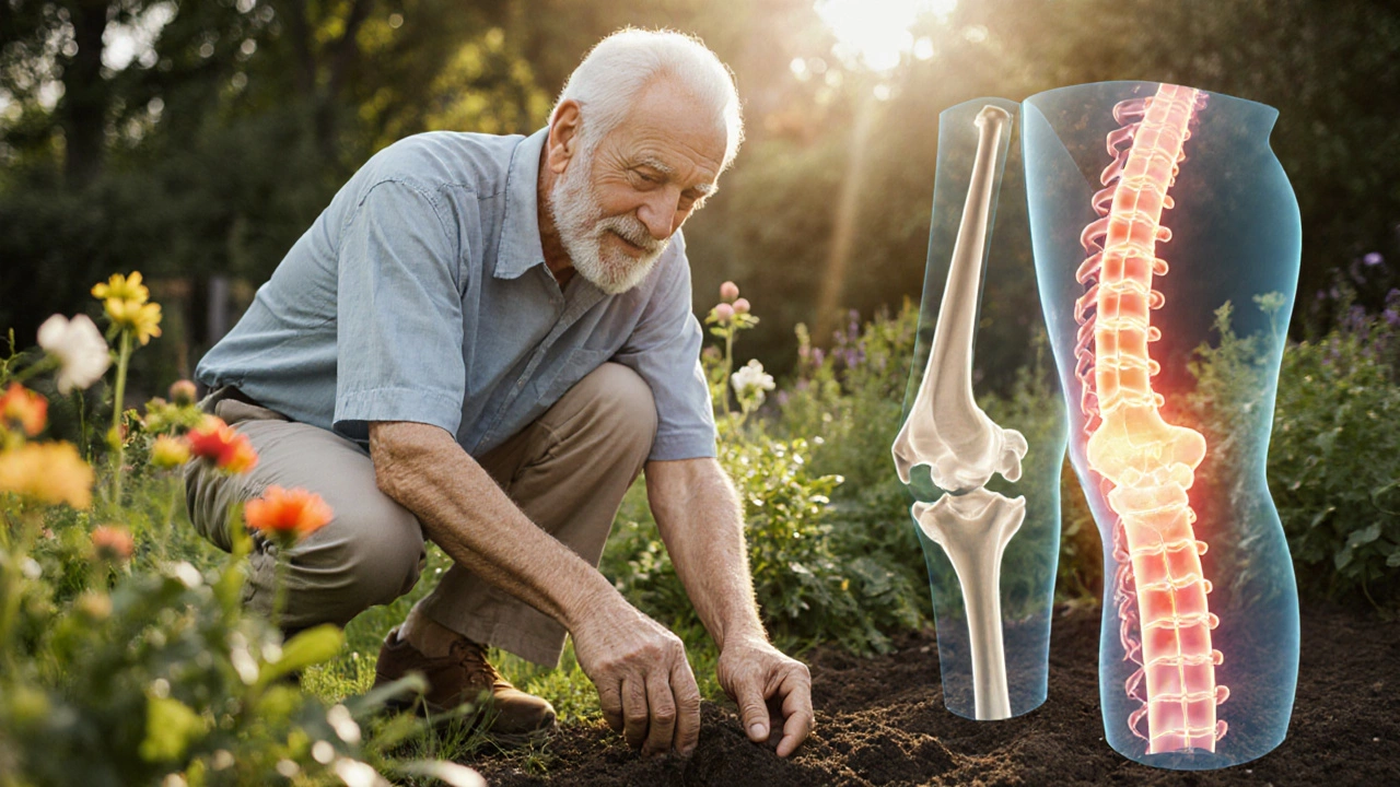 Senior man gardening with glowing healthy joints overlay, symbolizing preventive care.
