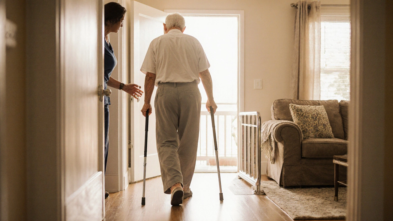 Senior walking confidently at home with cane, family member opening door
